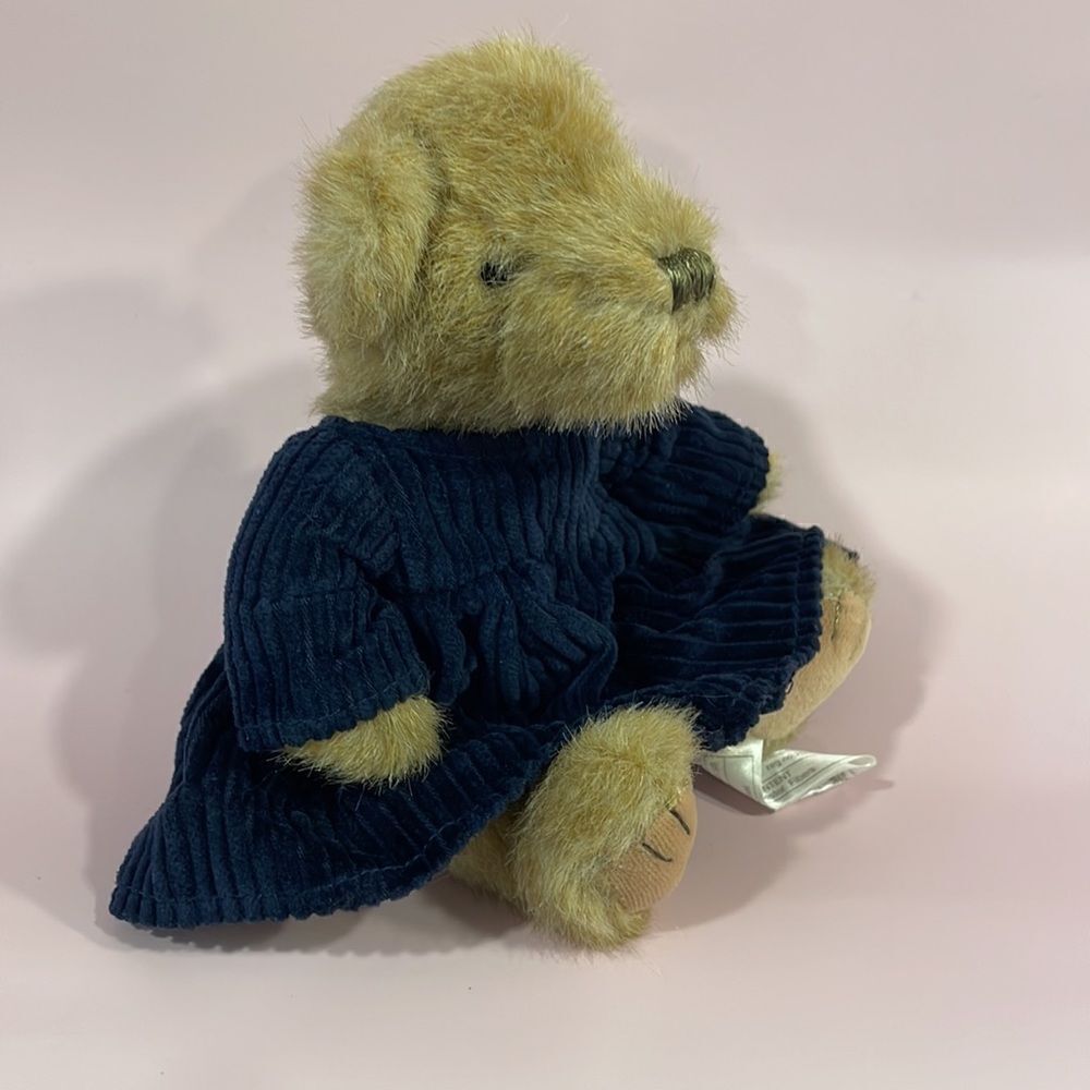 Small Vintage Style Girl Teddy Bear Wearing Blue Corduroy Dress Stuffed Bear 9” - Picture 2 of 8